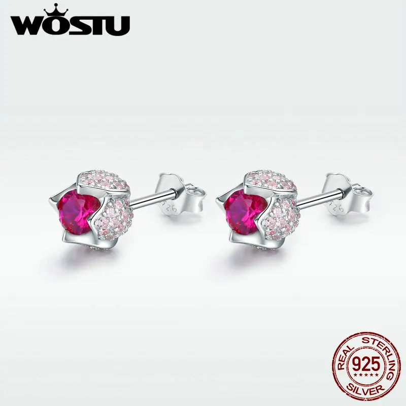 WOSTU, свадебные украшения, 925 пробы, серебро, красный цветок тюльпана, CZ, маленькие серьги-гвоздики, серебряные серьги для женщин, вечерние ювелирные изделия FNE042