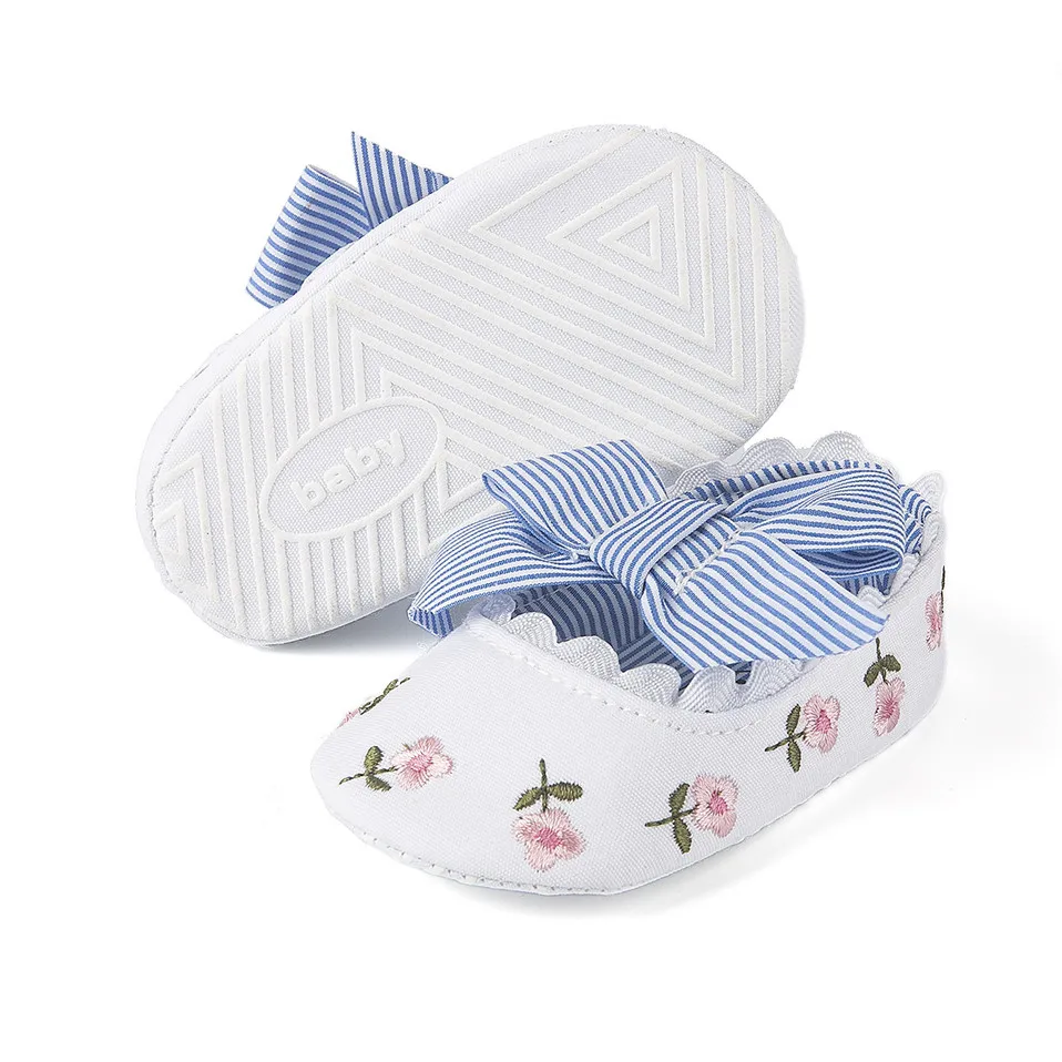 2020 New Baby Girl Shoes Floral Embroidery Spring Autumn Striped With Bow Princess Toddler Soft Soled First Walker |