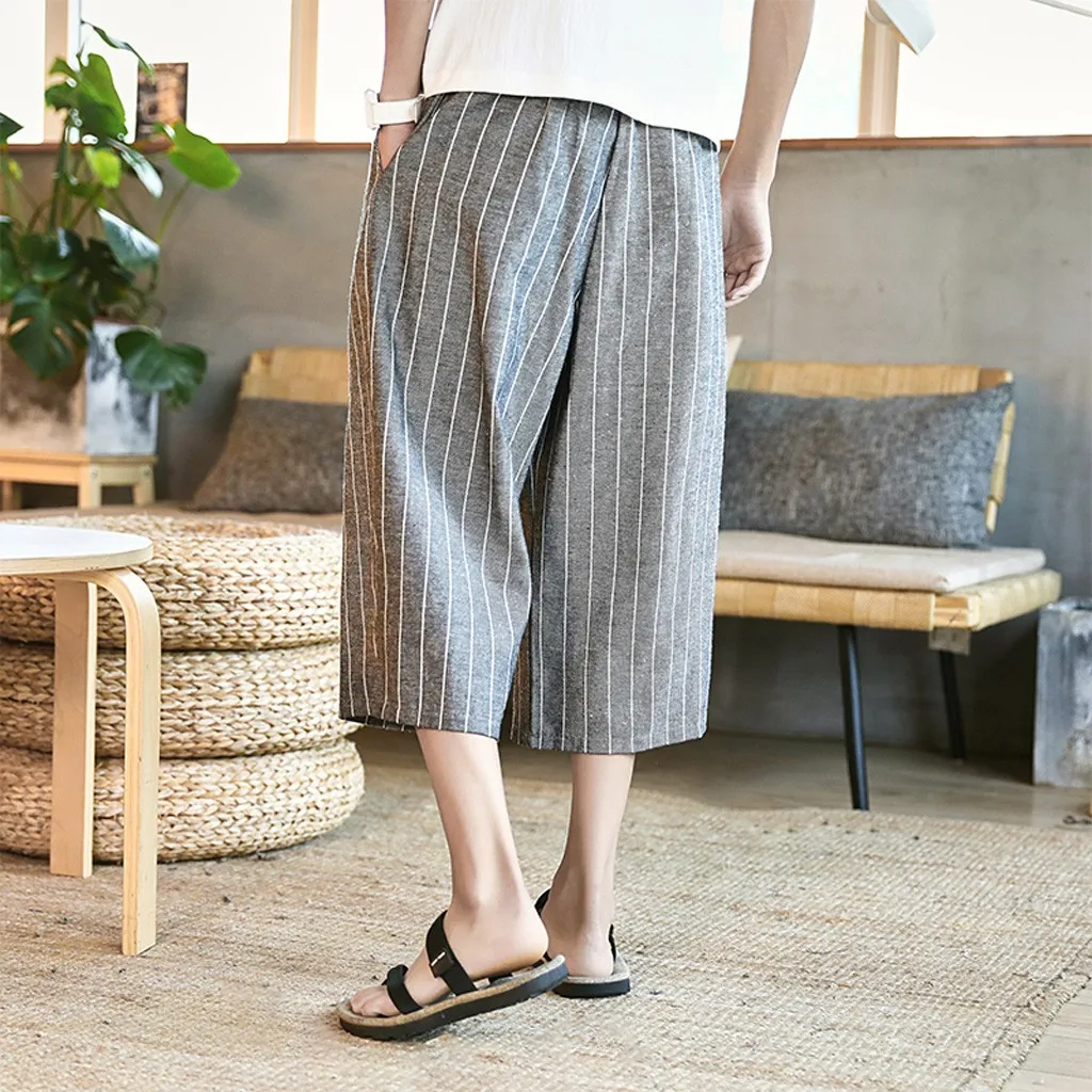 KLV, мужские летние брюки, мужская мода, повседневные, в полоску, на шнурке, хлопок, лен, 3/4, брюки, укороченные, сезон, высокое качество, 9501