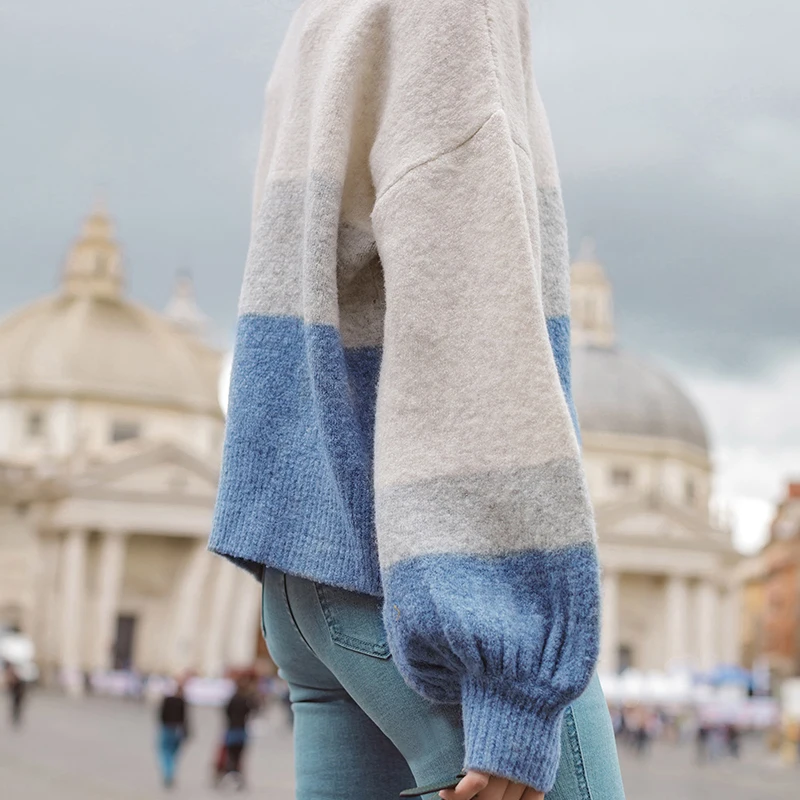 INMAN Spring Autumn Round Collar Stripped Loose Style Lantern Sleeve Women Patchwork Pullover Sweater | Женская одежда