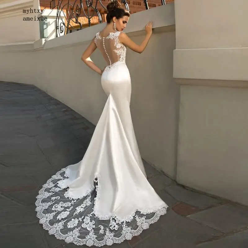 Женское свадебное платье-Русалка со шлейфом без рукавов с круглым вырезом и