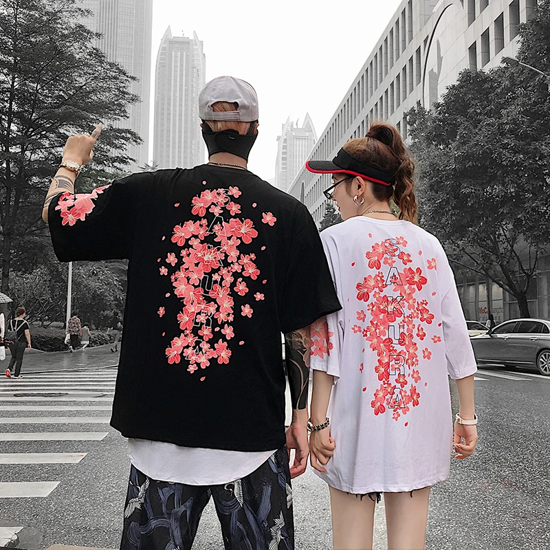 Японский уличный Harajuku уличная розовая вишневая Футболка мужская модная футболка Мужская парная хлопковая футболка хип-хоп Футболка