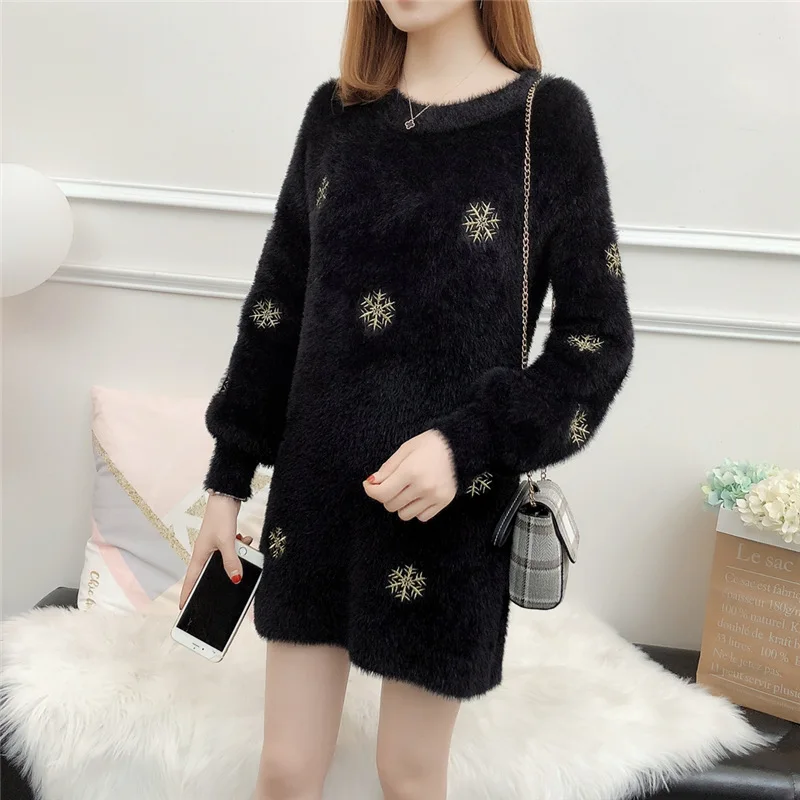 Autumn New Sweater Women O-Neck Pullover Imitation Velvet Long Loose Snowflake Embroidered Lantern Sleeve Knitted MZ3155 |