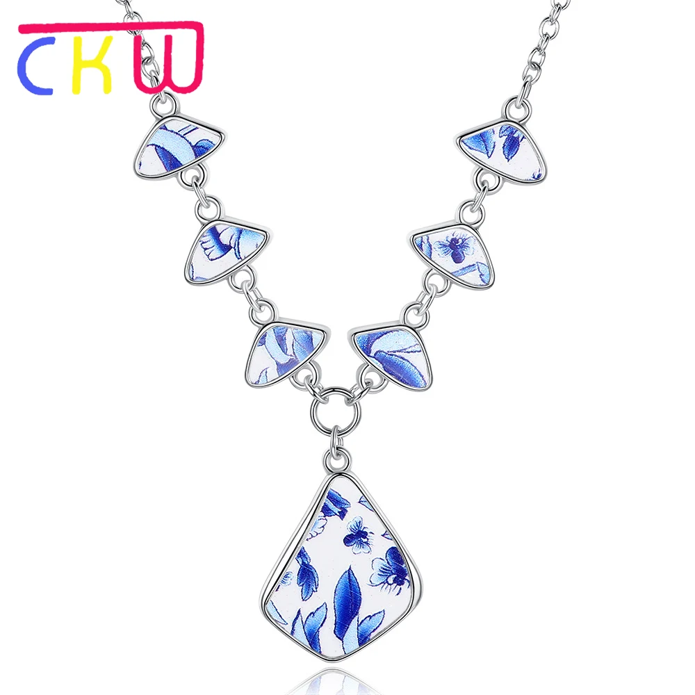 CKW Vintage Imitation Blue and White Porcelain Pendant Necklace Glass Cabochon Handmade Women Jewelry Party Gift | Украшения и