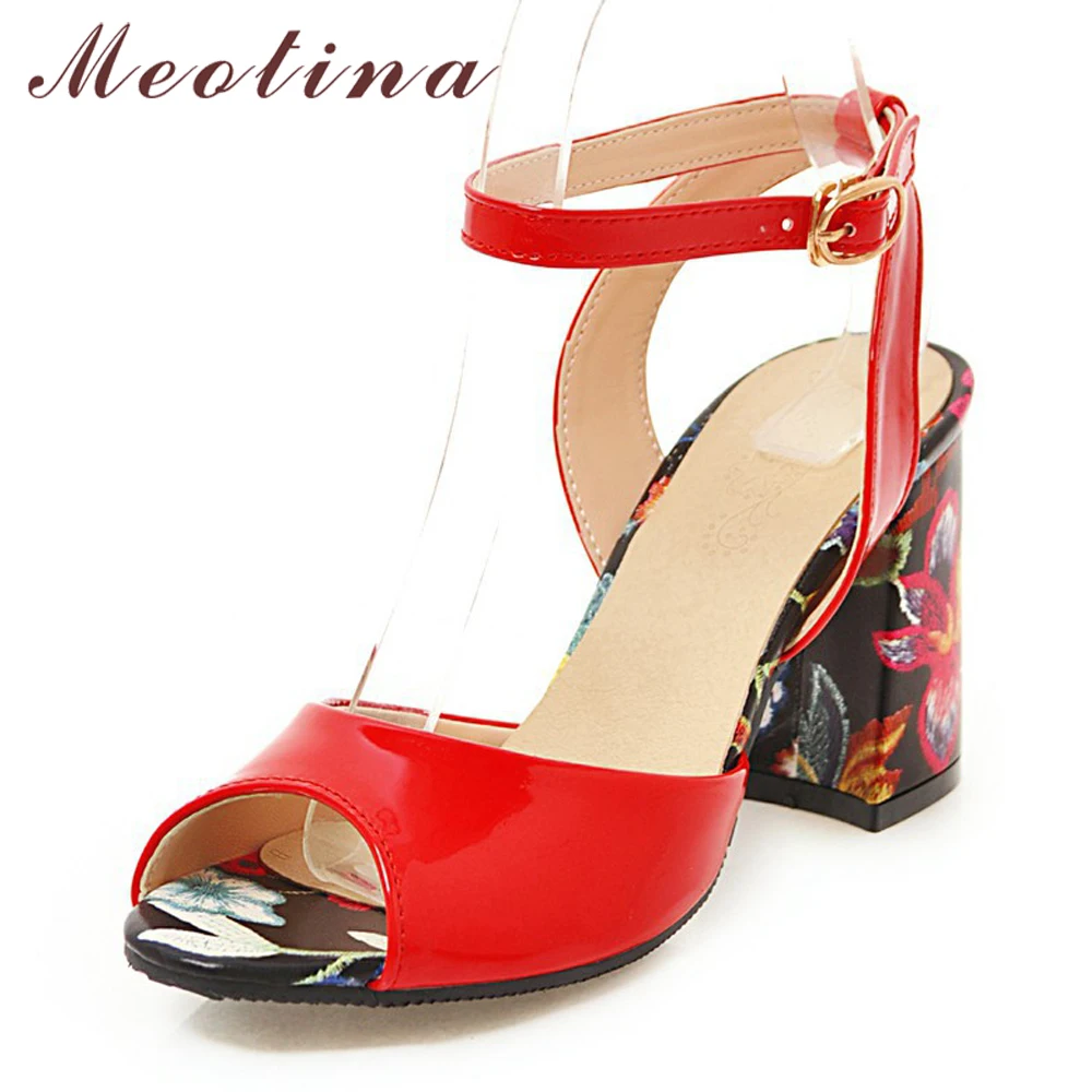 

Женские босоножки на высоком каблуке Meotina, летние босоножки с цветочным принтом, вечерние туфли на массивном каблуке, с пряжкой, ярко-красно...