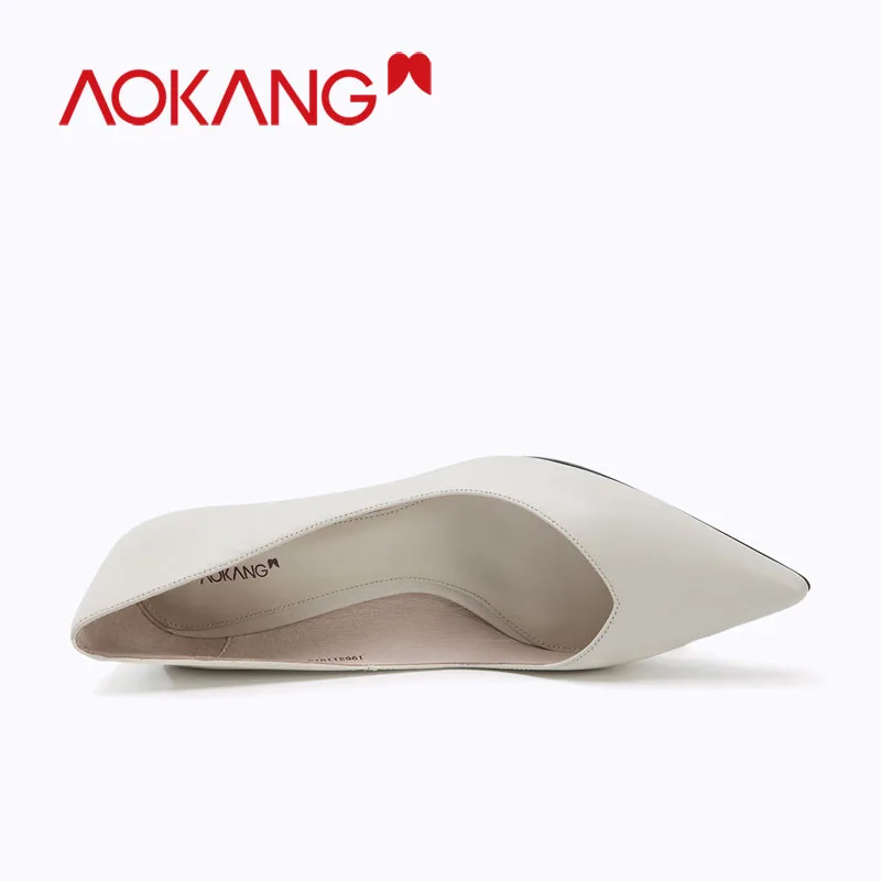 AOKANG New summer Women Solid Genuine leather High Heel Shoes Thine Heel Slip on formal ladies pumps Pointed Toe shoes
