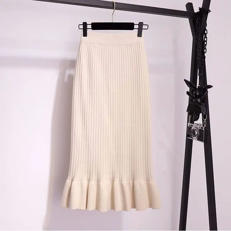 Vangull Women long sweater skirt Winter female ruffle midi pleated skirts maxi knitted high waist warm elegant Saias Jupe Femme - Цвет: Beige for 65cm