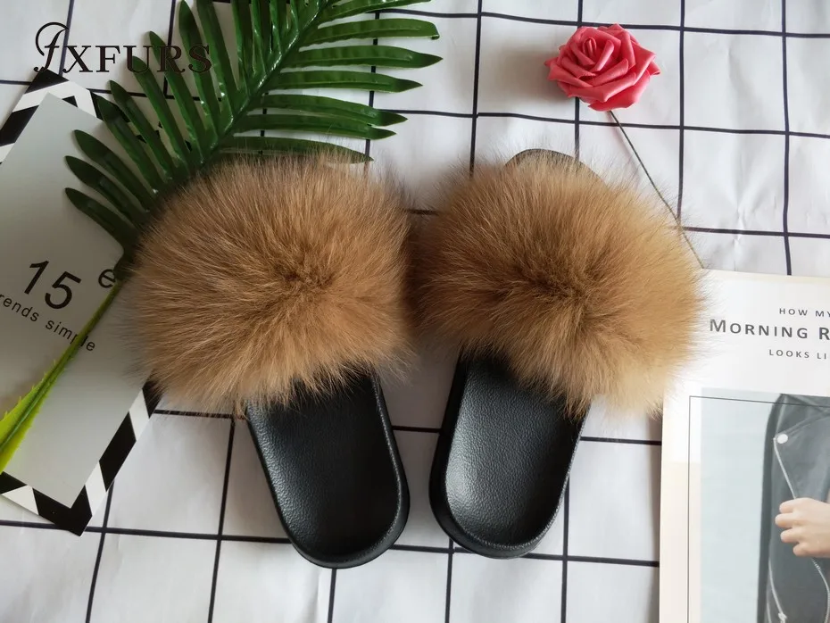 FXFURS/Новинка года; женские натуральный мех лисы шлепанцы; летние модные меховые сандалии; пляжные сандалии; пушистые удобные меховые вьетнамки