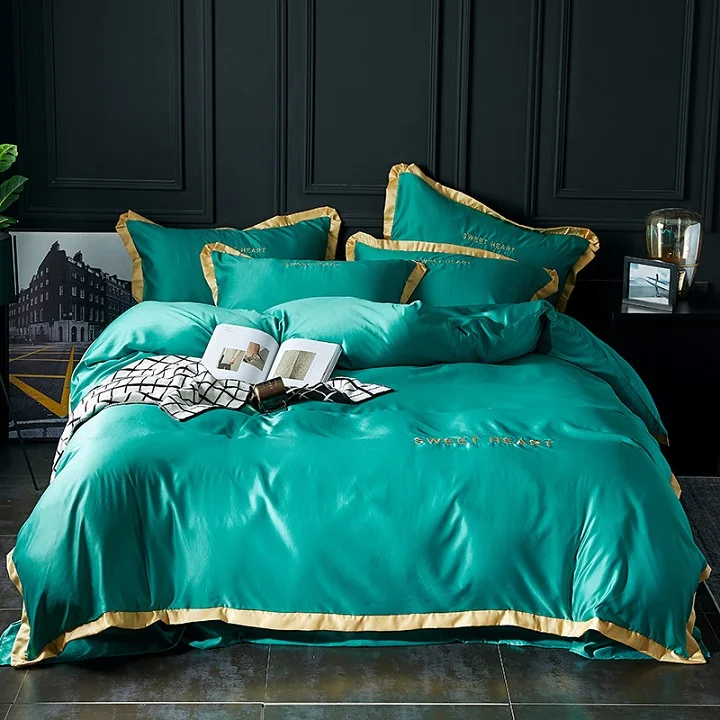 4 Набор постельных принадлежностей с милым сердцем и вышивкой, 4 шт., гладкий пододеяльник, наволочка, простыня, сплошной цвет, люкс, нордическая королева, король - Цвет: 4