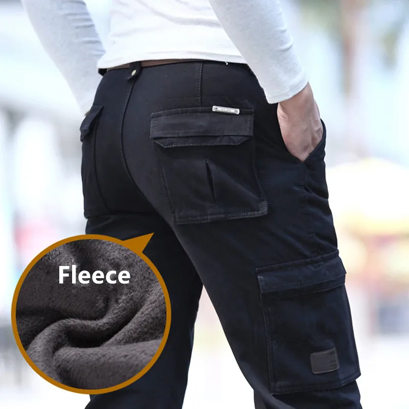

Military Black Khaki Trousers Men 2021 Fleece Warm Winter Cargo Pants Men Loose 6 Pockets Casual Pants Men's Clothes