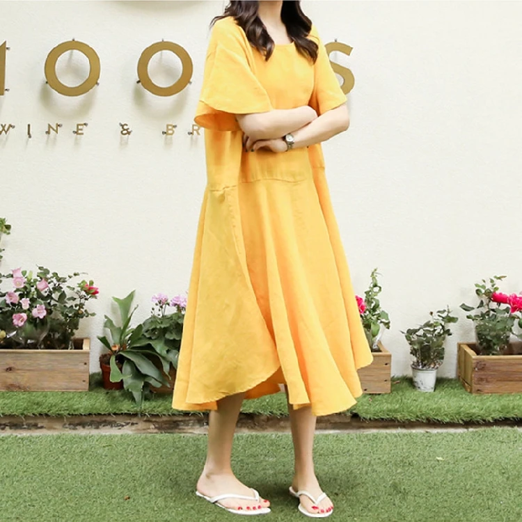 Женское Ретро льняное платье 2018 Новое с круглым вырезом коротким рукавом