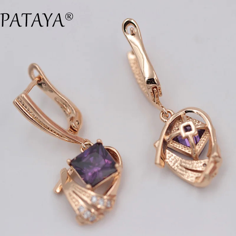 PATAYA 585, длинные серьги из розового золота AB, цветной натуральный кубический цирконий, ювелирные изделия, женские роскошные фиолетовые серьги с квадратной подвеской - Окраска металла: purple