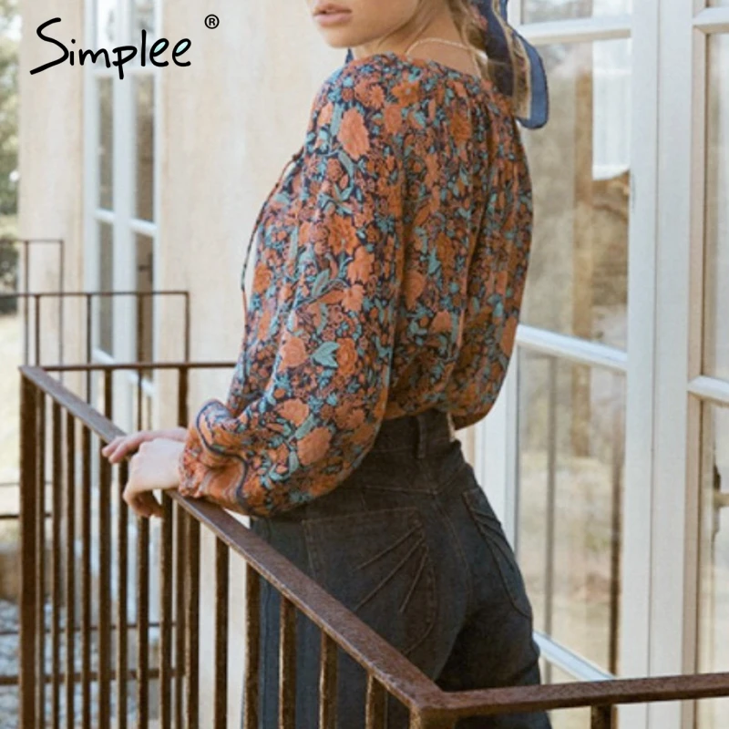 Simplee богемный цветочный принт Женская блузка фонарь рукав v-образный Вырез