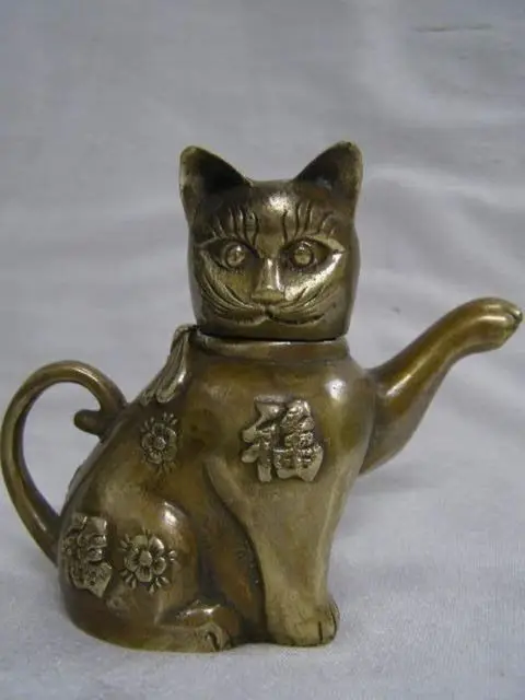 

Chinese Old 7'' China Pure The Lucky Cat copper teapot China Fu decoration bronze factory outlets