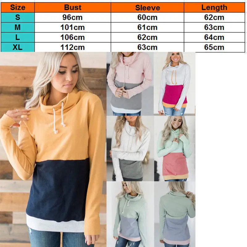 

Women Long Sleeve Hooded Pullover Top Color Patchwork Loose Ladies Top 2019 Autumn Winter Hoodies Sweatshirts Female