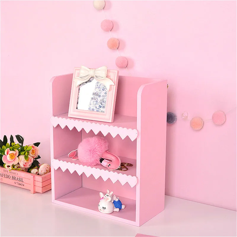 

Wooden Pink Shelf Storage Racks Desktop Cosmetics Holder Bathroom Organizer Hanging Decor Book Figurines Display Crafts Shelves
