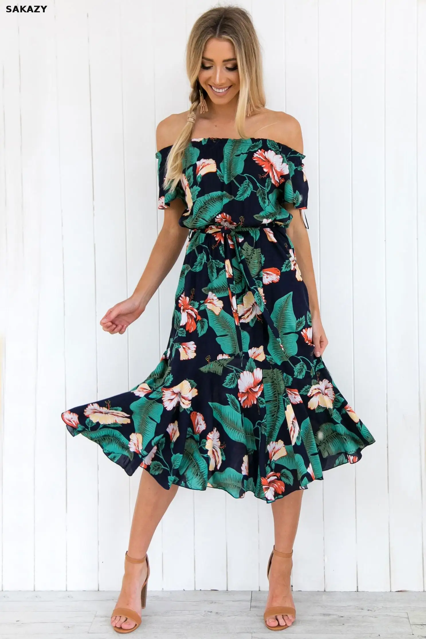 Женское Пляжное Платье макси с тропическим принтом Элегантное повседневное