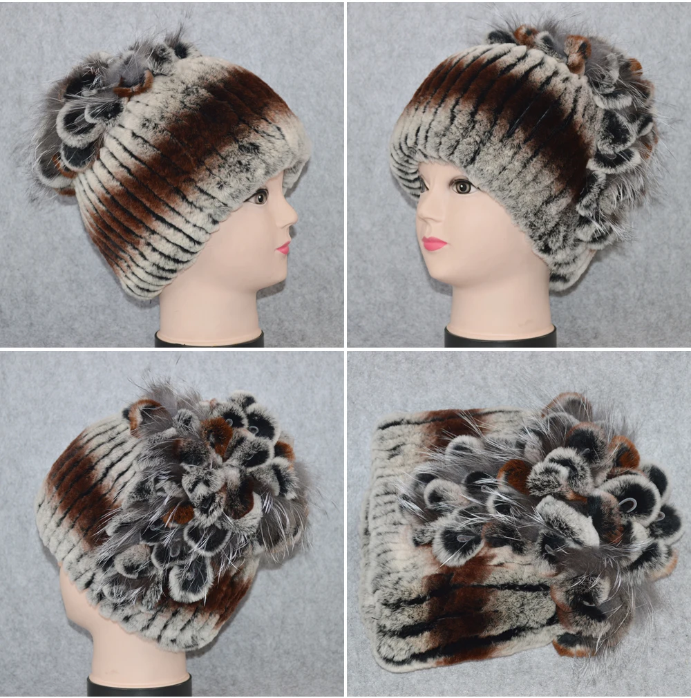 Новые женские шапки Настоящий мех кролика Skullies, роскошные эластичные вязаные цветочные шапки из натурального меха кролика Рекс, зимние шапки из натурального меха