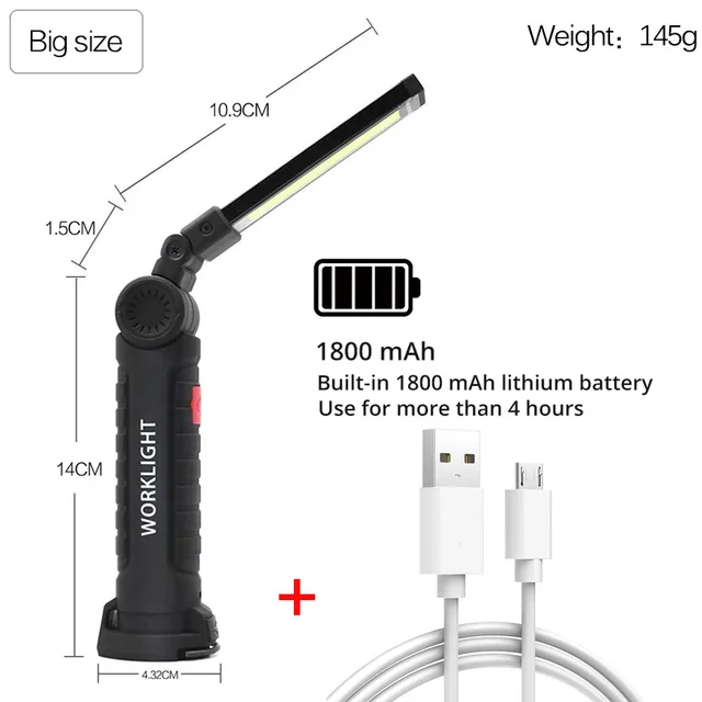 Встроенный аккумулятор usb зарядка портативный COB рабочий свет супер яркий светодиодный фонарик снизу с магнитом и крючком