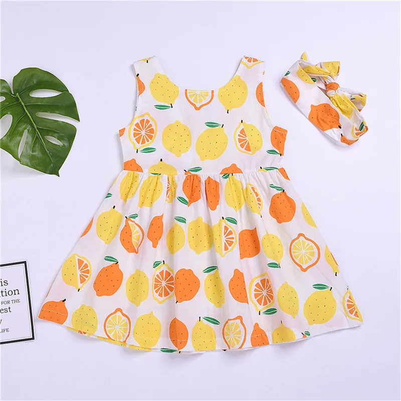 Kids Baby Girl Clothing Fruits Flowers Printed 2Pcs Sets Sweet Sleeveless Strap Button Dress A-Line Sundress Bow Headband 6M-4Y | Детская