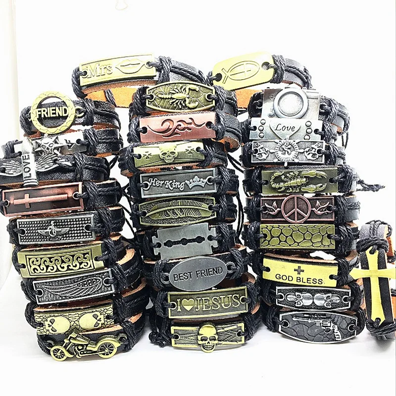 MIXMAX 30/50pcs genuine Cuff leather Bracelet Men Women mosaic Copper alloy bracelet bangle Handmade Jewelry Wholesale Lots Bulk