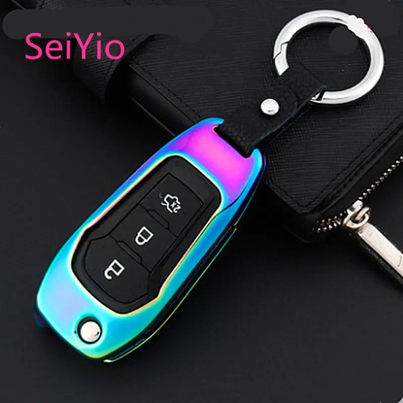 

SeiYio Car key ring cover case shell for Ford Focus Alloy & Leather Creative style car shell for Folded Ford key