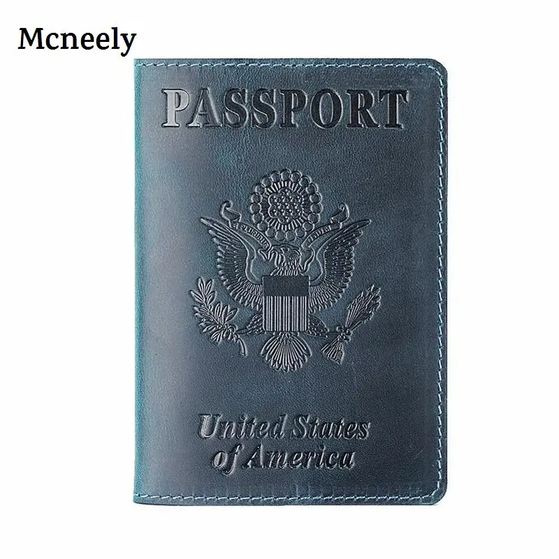 USA Blue Кофейная, США, Crazy Horse, Кожаная Обложка для паспорта, твердый, для паспорта, бизнес, унисекс, натуральная кожа, прочный, для путешествий, кошелек, чехол - Цвет: USA Blue