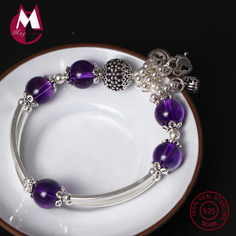 Женский браслет из стерлингового серебра S925 пробы с натуральным аметистом и