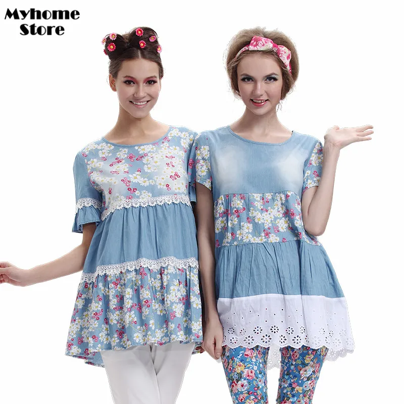 Мода Для Беременных Свободные Джинсовые Цветочные Футболку Плюс Размер