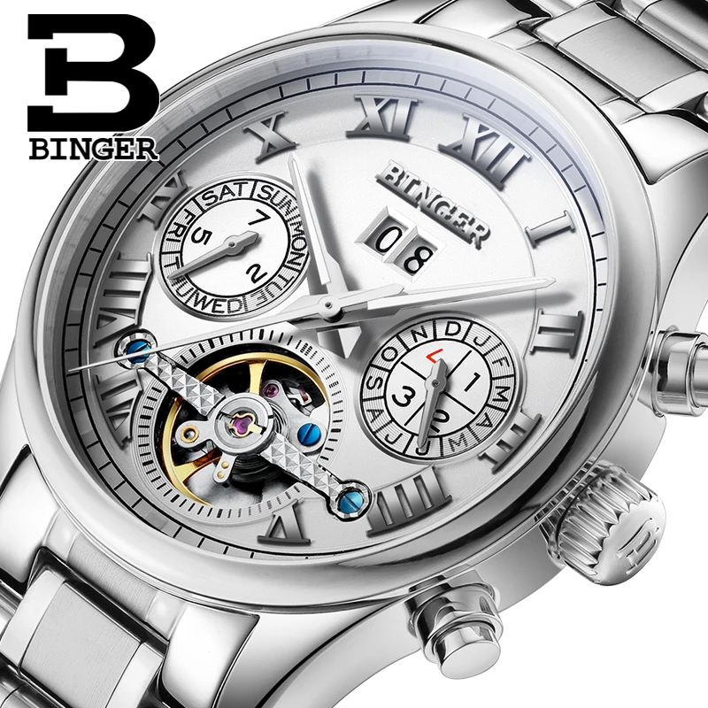 

Switzerland BINGER мужские часы, роскошный бренд Tourbillon, sapphire светящиеся многофункциональные механические наручные часы B8602