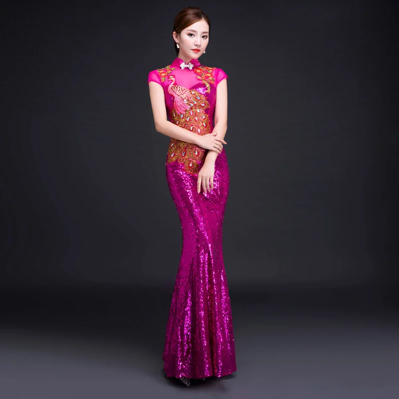 hot pink Невесты Cheongsam длинное современное Qipao кружевное сексуальное зеленое китайское Восточное стильное платье традиционное свадебное платье Женская мода S-3XL - Цвет: hot pink