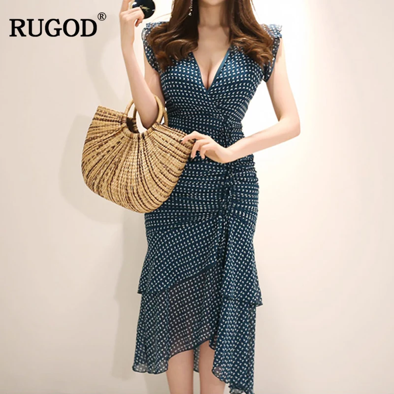 Женское платье с v образным вырезом RUGOD элегантное плиссированное рукавами