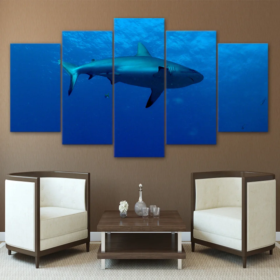 HD Printed 5 Piece Canvas Art Deep Blue Sea Picture Modular Shark Poster Wall Pictures for Living Room NY-7531C | Дом и сад