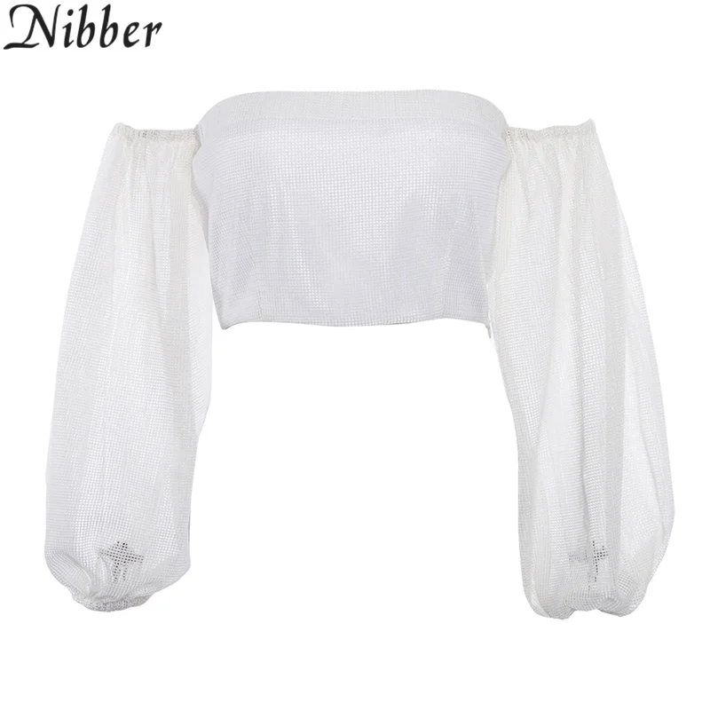 Nibber 2018New модные белые женские футболки, сексуальные топы с открытыми плечами, летние пушистые рукава, повседневные свободные топы, сексуальная уличная одежда - Color: White