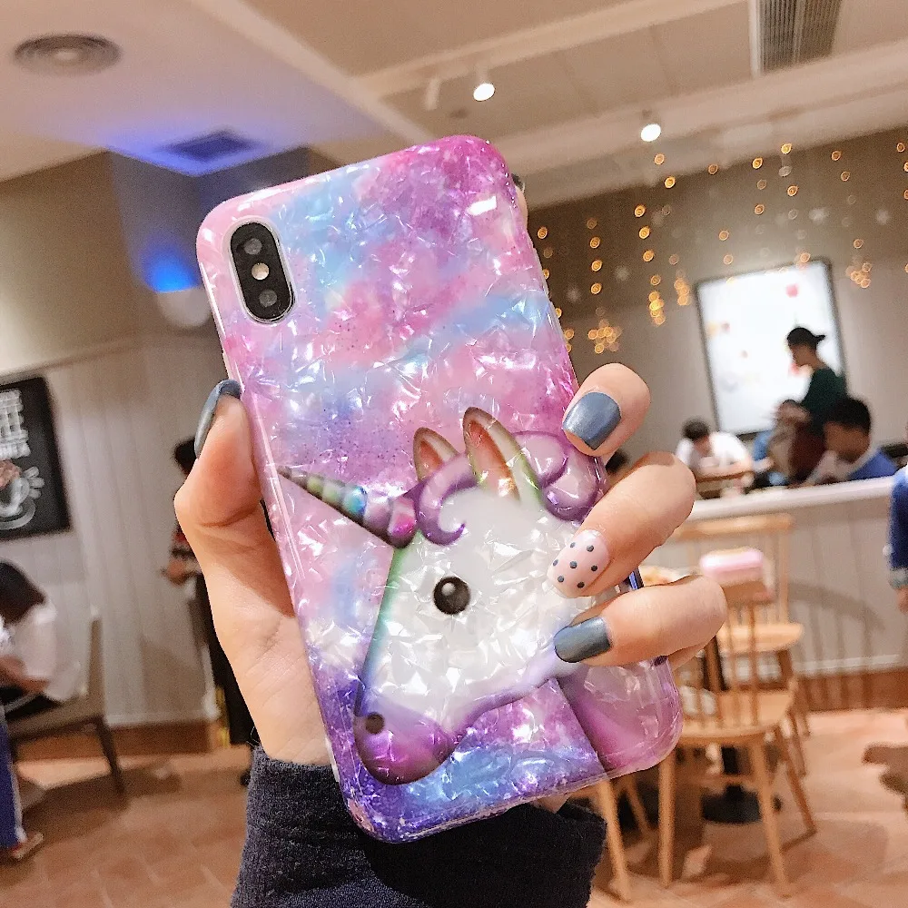 Цветной мраморный чехол для iPhone 7 8 Plus, эпоксидный силиконовый чехол с единорогом и блестящей раковиной из мягкого ТПУ для iPhone 6S Plus X XS XR Max