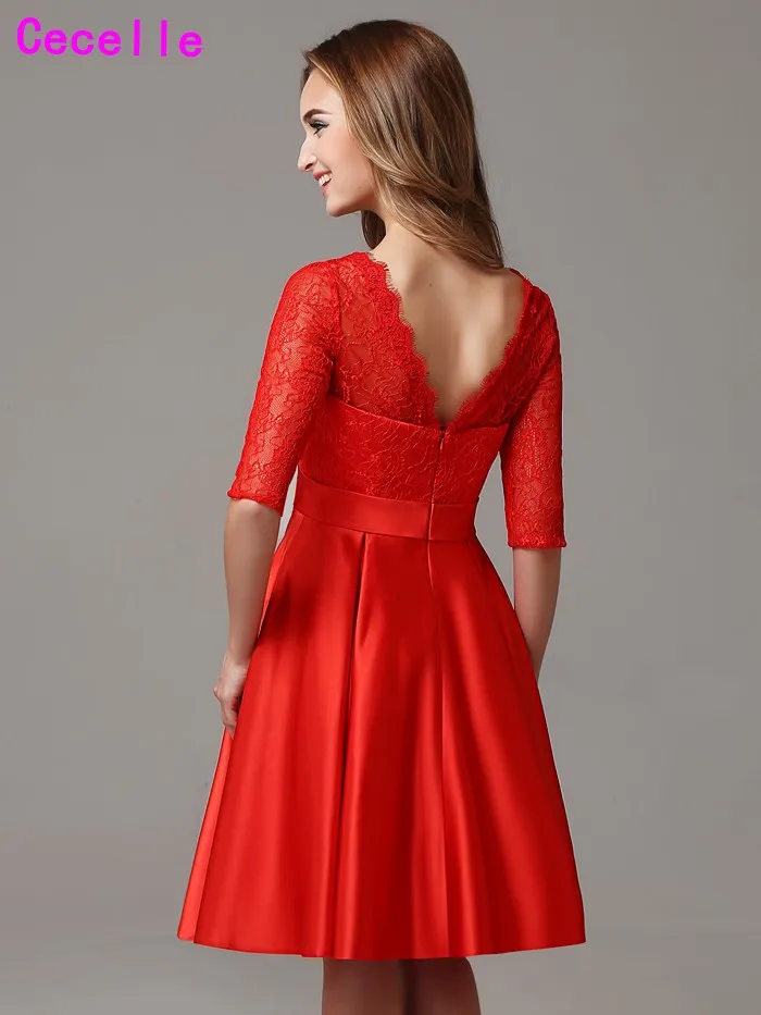 Красное деревенское скромное Короткое Платье Для подружки невесты с рукавами до