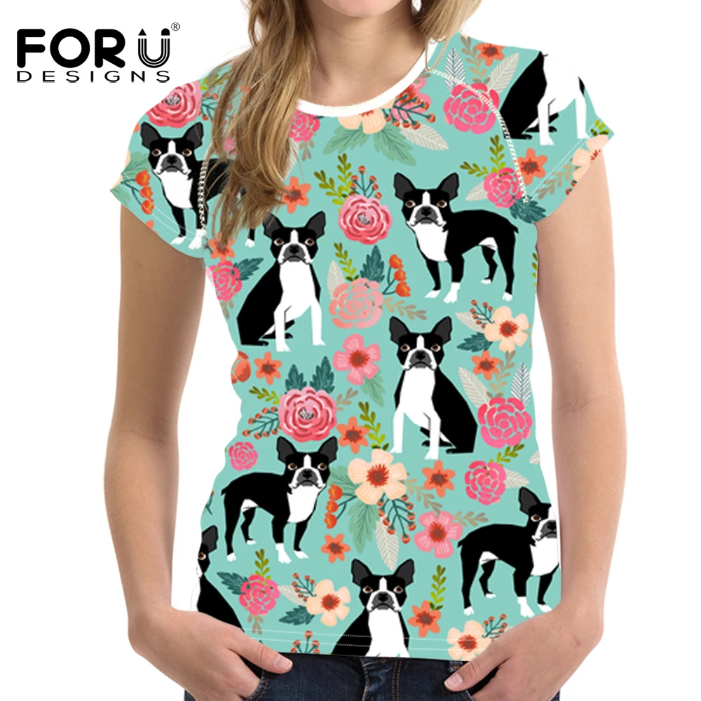 FORUDESIGNS T Shirt Women Boston Terrier Printing T-shirt Ladies O-neck Fashion Floral Tops Females Kawaii Tee shirt for Girls | Женская