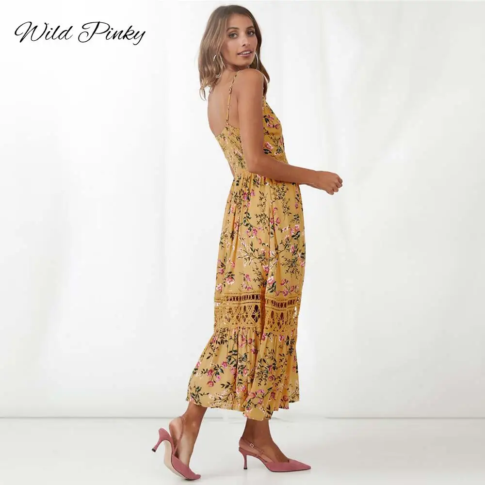 WildPinky Boho Летнее платье в богемном стиле Цветочный принт спагетти ремень Длинные