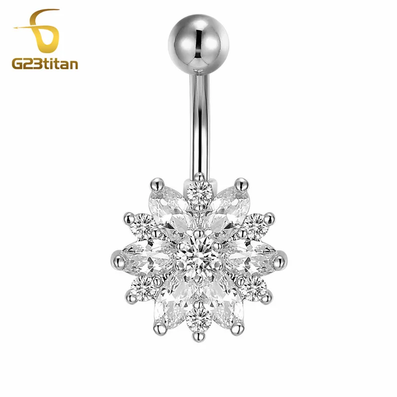 White Flower G23titan фиолетовый горный хрусталь цветок пупка пирсинг Кольца для женщин 16 г титановая штанга Серебро живота боты ювелирные кольца для тела - Окраска металла: White Flower