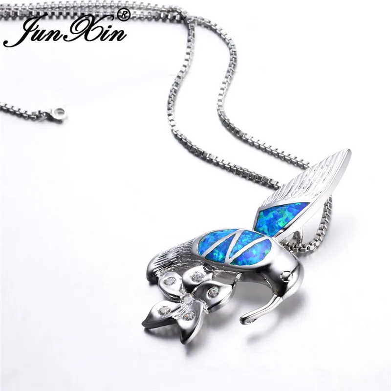 JUNXIN Женская мода Синий огненный опал птица с цветком подвески и ожерелья