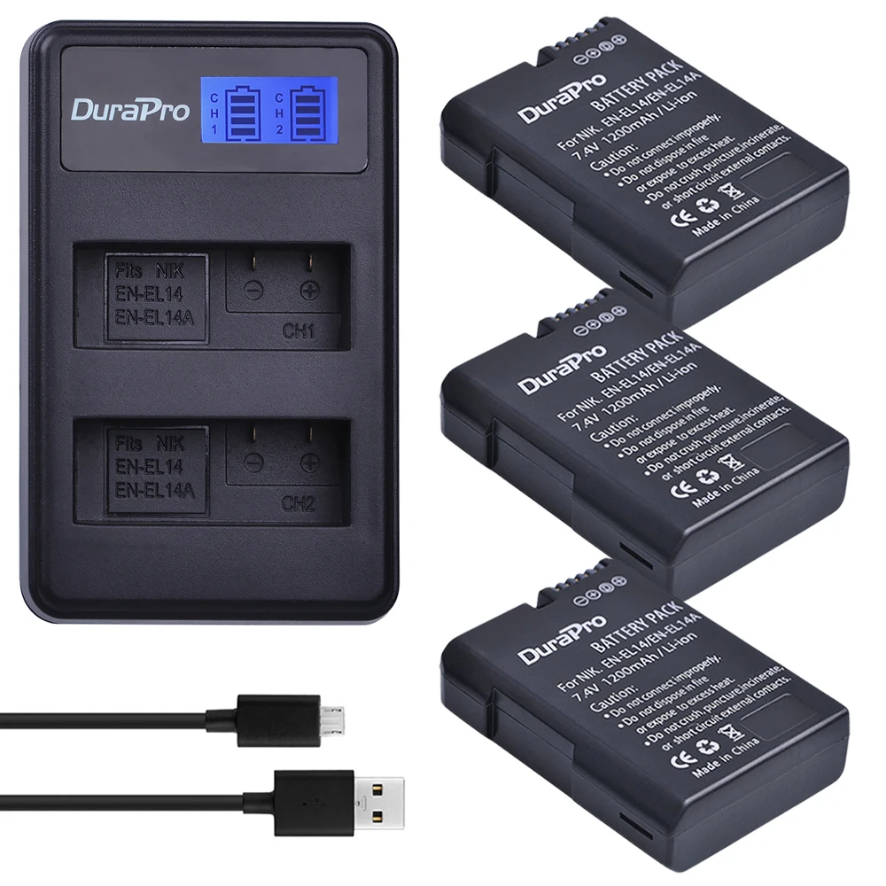 3 x DuraPro EN EL14a EL14 батарея + LCD USB двойное зарядное устройство для аккумулятора Nikon D5500