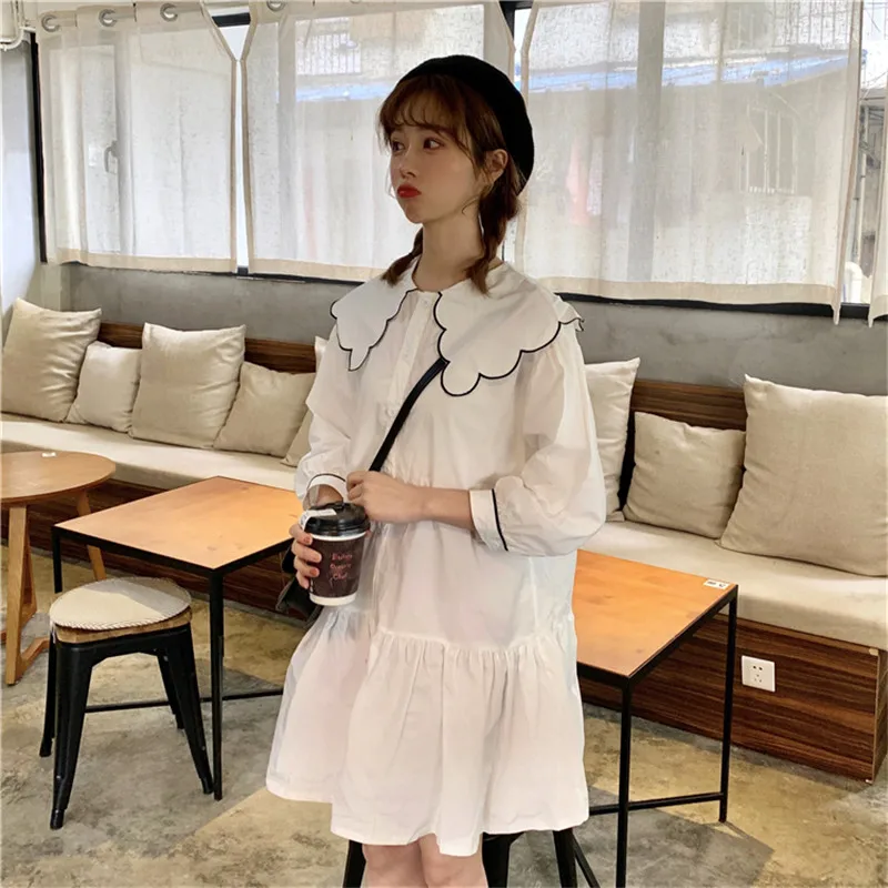 Корейское Свободное платье с длинными рукавами и кукольным воротником большого