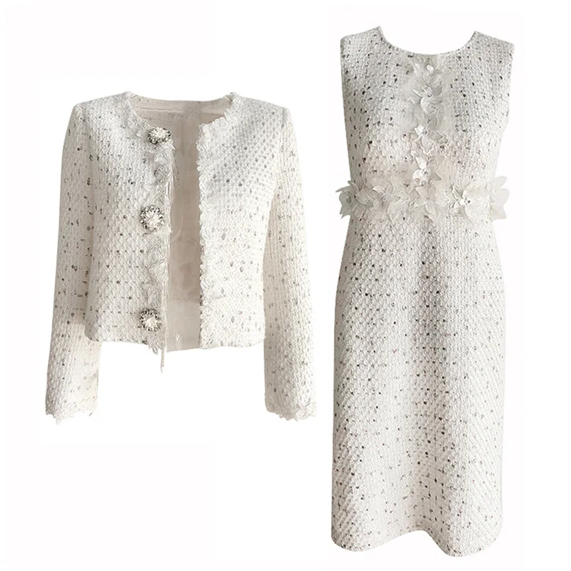 Высокое качество Женский комплект из 2 предметов твидовый пиджак пальто + майка с