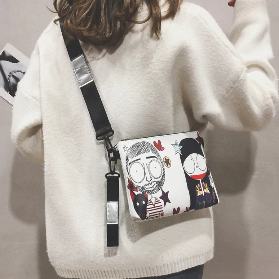 Harajuku Fun Cartoon Printing Characters Wide Straps Shoulder Bags Women Handbag Purse Mini Street Style Girls Messenger Bag New | Багаж и