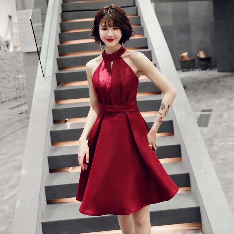 Бургундия Холтер платье Qipao женское Атласное Вечернее платье Короткое Сексуальное Тонкое ТРАПЕЦИЕВИДНОЕ ПЛАТЬЕ с лентой китайские платья
