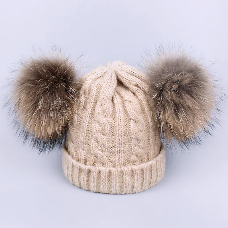 Hat Khaki Женский комплект с шапкой и шарфом для девочек, шерстяной вязаный детский зимний шапочки с шарфами, Детский костюм для мальчиков, настоящий помпон из меха енота - Цвет: Hat Khaki