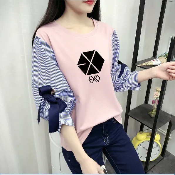 kpop 2022 new Spring summer Korean EXO loose wild fake two T-shirt female Fresh and sweet striped splice t shirt women clothing
