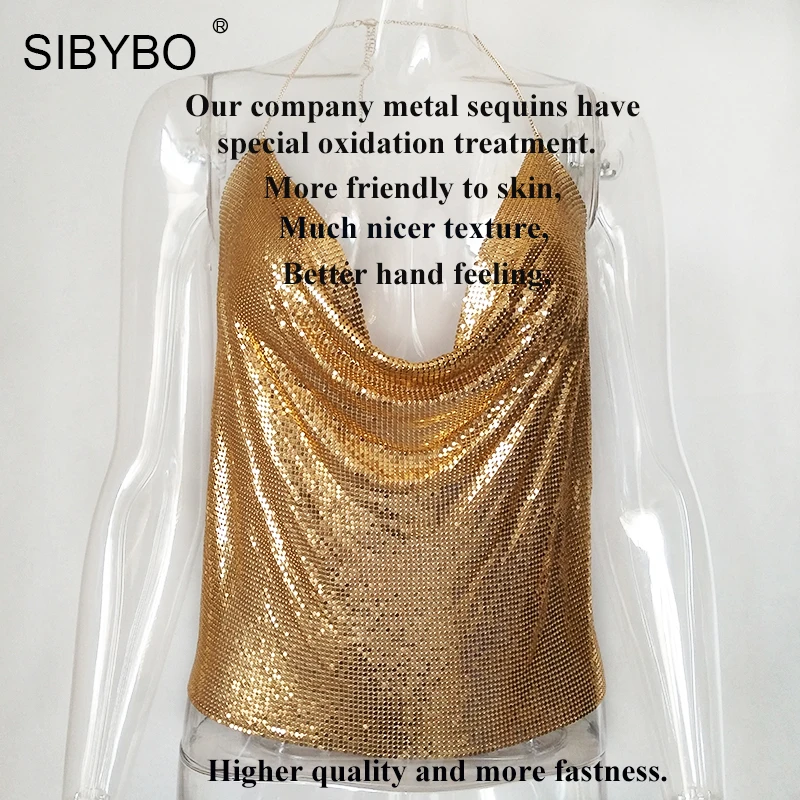 Sibybo, сексуальные женские топы с металлической отделкой,, с открытой спиной, топы с бюстгальтером без косточек, летние, пляжные, вечерние, Клубные, женские, с блестками, Обрезанные, майка, камзол