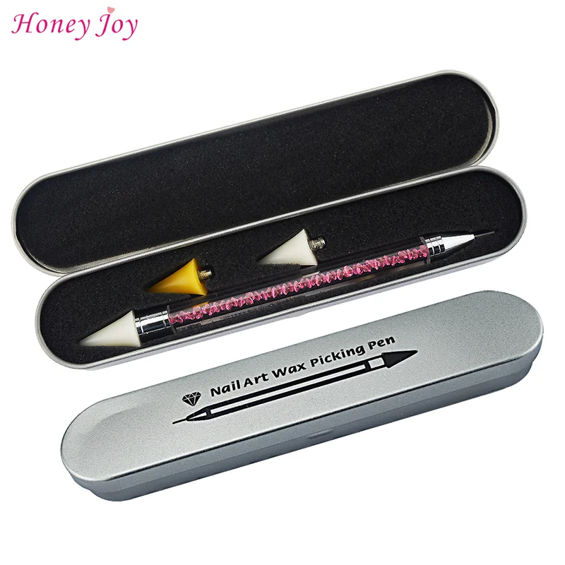

Well Protected Metal Case Packed Dual-ended Wax Nail Rhinestone Beads Studs Sequins Picker Dotting Pen Pencil Pink Clear Handle
