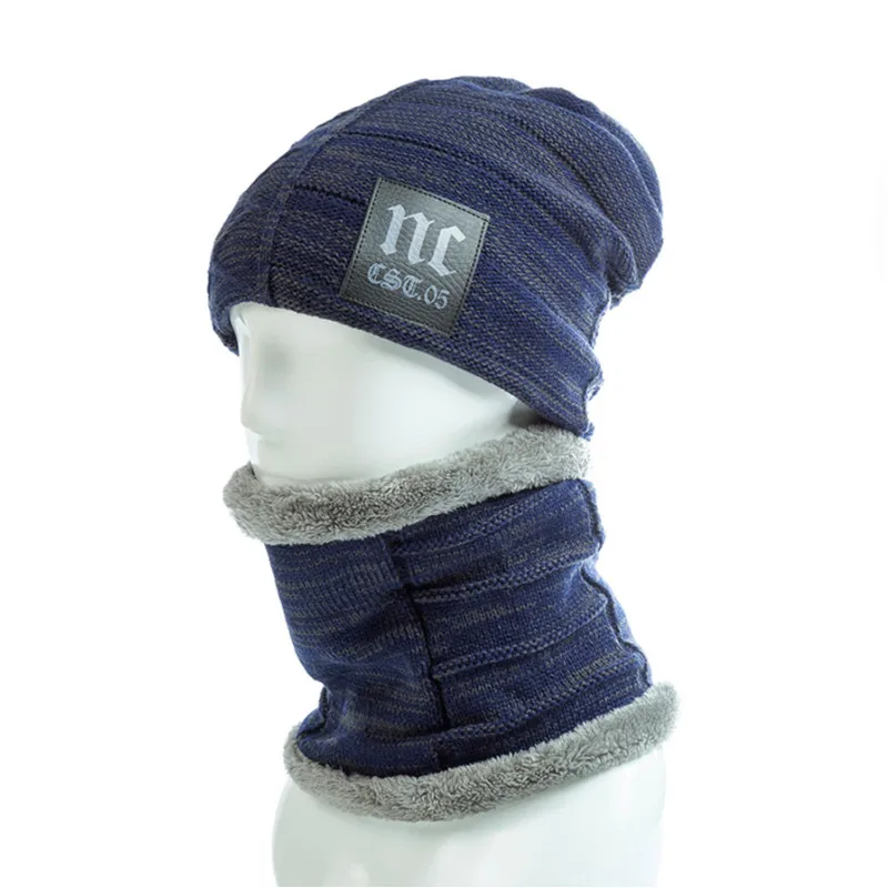 Navy Blue 2pcs / комплект унисекс шапка мода метка NC шапка мужская и женская зимняя вязание шапки для мужские и женские теплый толстый плюс футеровка акрил шапка - Цвет: Navy Blue